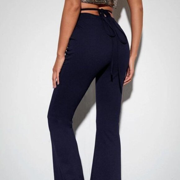 Black Crisscross Tie Back Overlap Waist Flare leg Pants - Picture 2 of 2